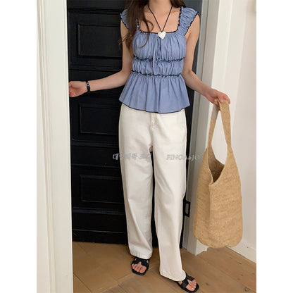 13 Lines Spring and Summer New Korean Style Color Collarless Pleated Waist Taper Casual Top - 11927