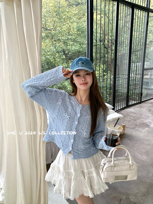 019 Spring Sweet Temperament Hollow Knit Bow Top - 51920