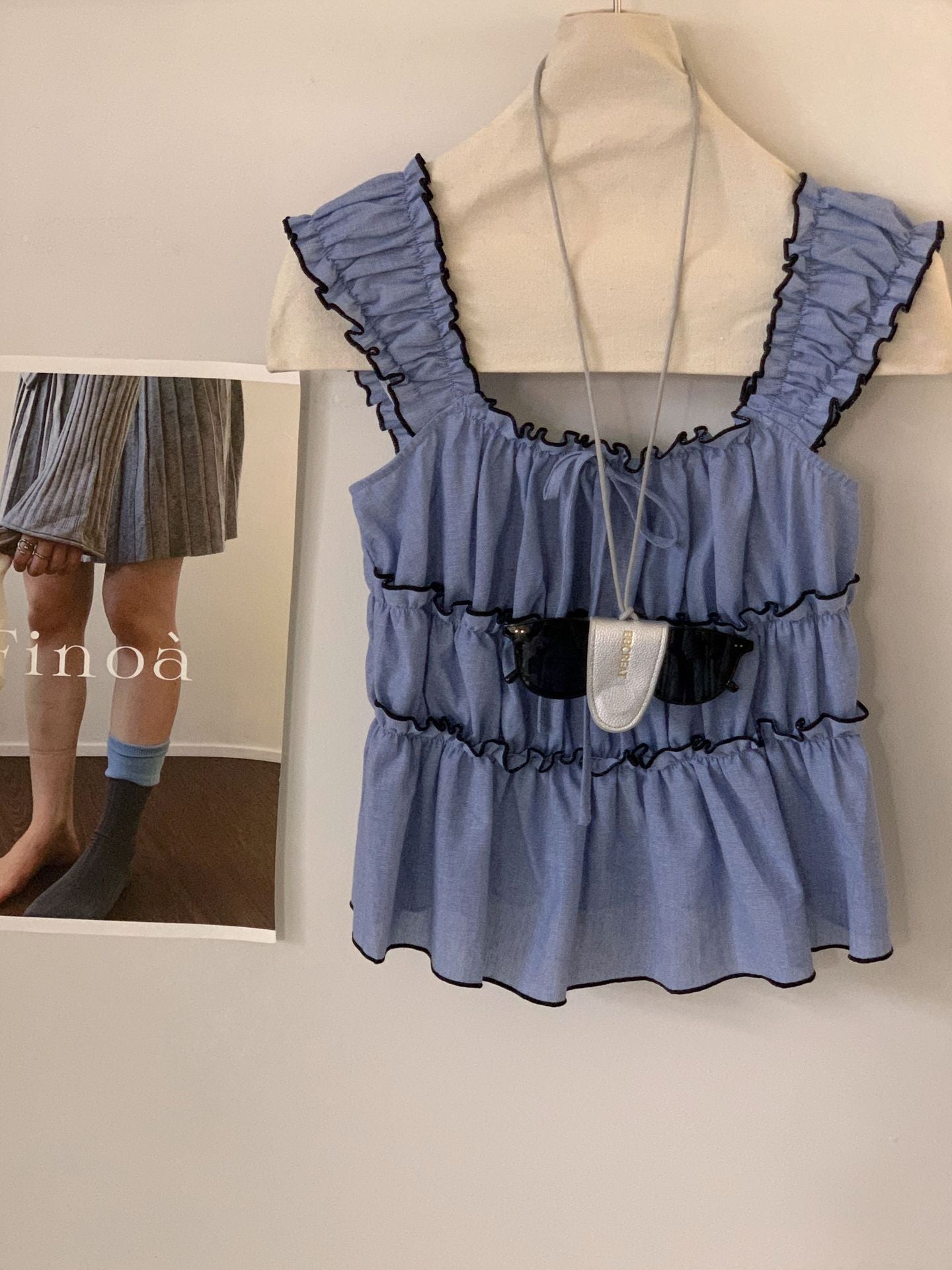 13 Lines Spring and Summer New Korean Style Color Collarless Pleated Waist Taper Casual Top - 11927