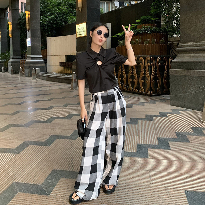 Chessboard Plaid Pants for Women - Casual Straight Leg Trousers with Contrast Color - Style No. 230923