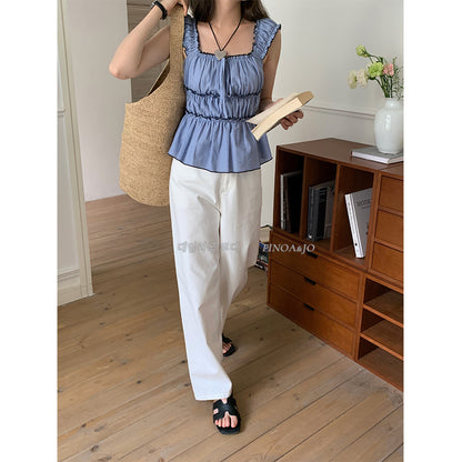 13 Lines Spring and Summer New Korean Style Color Collarless Pleated Waist Taper Casual Top - 11927