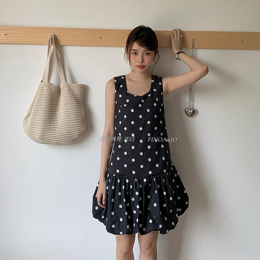 13 Lines Spring and Summer New Korean Style Sweet Polka Dot Sleeveless Loose Babydoll Dress 2102