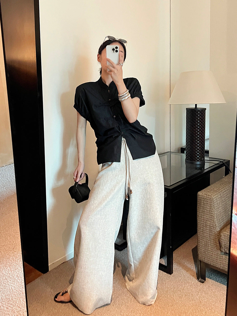 2024 Women's Super Black High Waist Straight-Leg Pants with Elastic Waistband - Style 231186