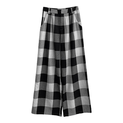 Chessboard Plaid Pants for Women - Casual Straight Leg Trousers with Contrast Color - Style No. 230923