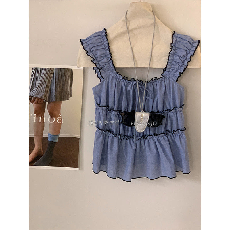 13 Lines Spring and Summer New Korean Style Color Collarless Pleated Waist Taper Casual Top - 11927