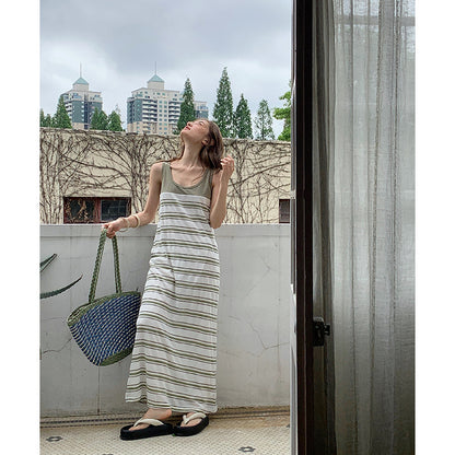 13 Lines Casual Striped Vest Dress in Loose Long Style - 240692 13Hongs