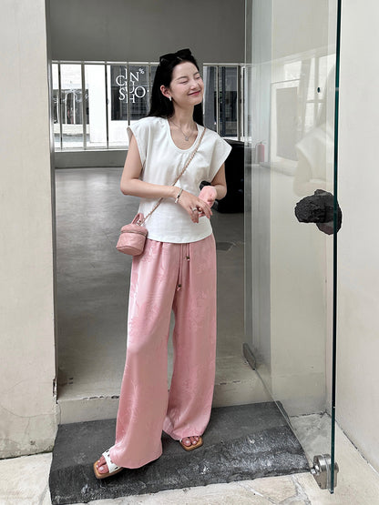 70229 Women's Chinese Crane Jacquard High-Waist Loose Trousers - 2024 Summer Collection