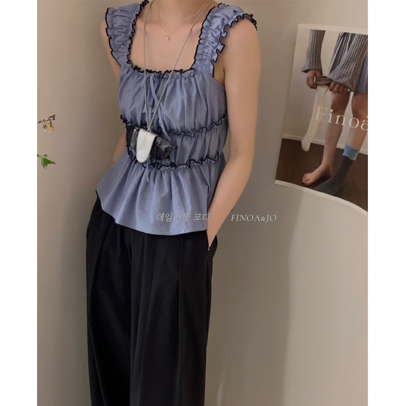 13 Lines Spring and Summer New Korean Style Color Collarless Pleated Waist Taper Casual Top - 11927