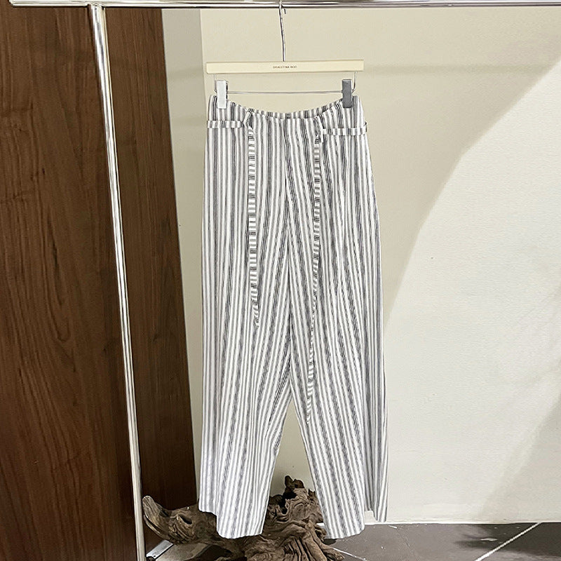 2024 Summer New 15% Linen Stripe Lace-up Casual Pants - KA802