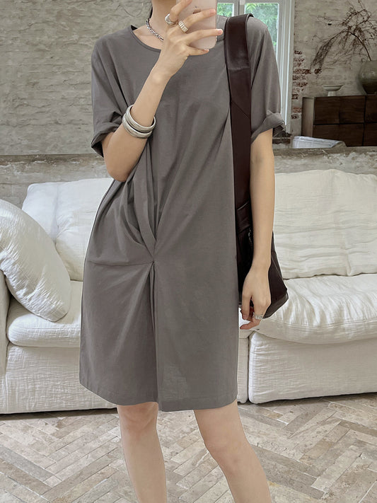 100% Cotton French Pleated O-neck Short Dress - LYB063