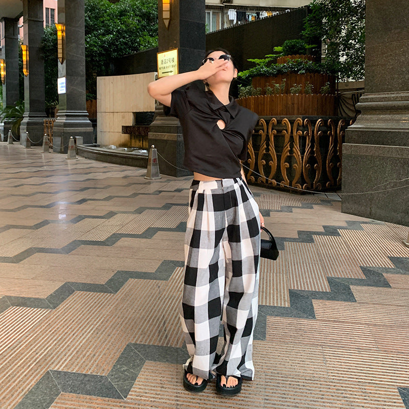 Chessboard Plaid Pants for Women - Casual Straight Leg Trousers with Contrast Color - Style No. 230923